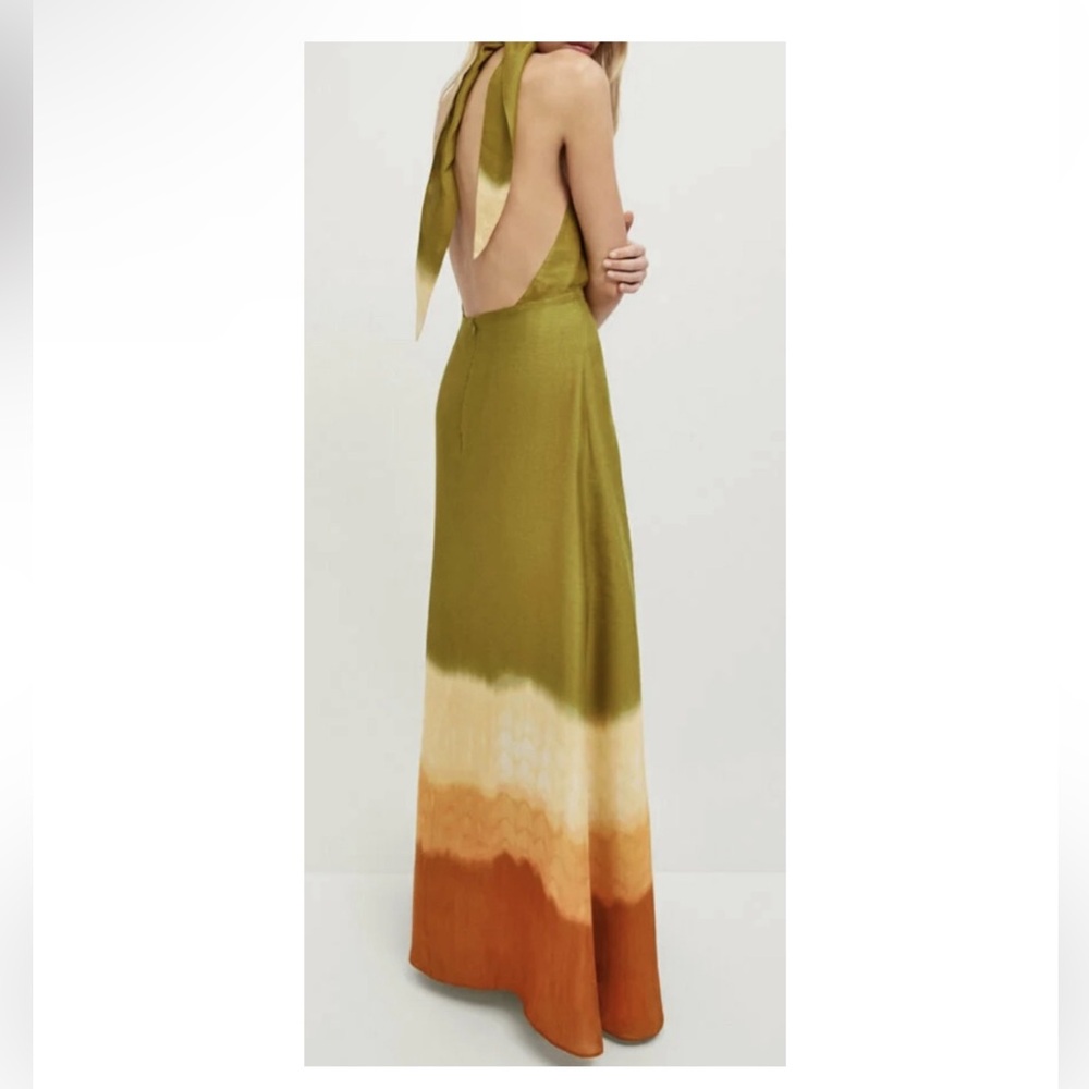 Massimo Dutti Olive Green Tie-Back Maxi Dress with Cream and Burnt Orange Hem